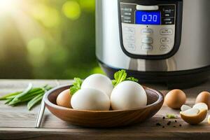 eggs in a bowl next to an instant pot. AI-Generated photo