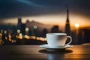 coffee cup on the table with city lights in the background. AI-Generated photo