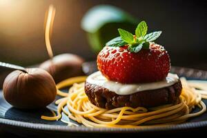 a plate with a strawberry and a piece of spaghetti. AI-Generated photo