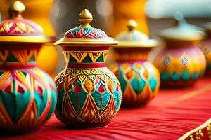 colorful vases on a red table. AI-Generated photo