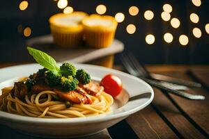 spaghetti with meat and broccoli on a plate. AI-Generated photo