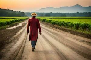 a man in a red coat walks down a dirt road. AI-Generated photo