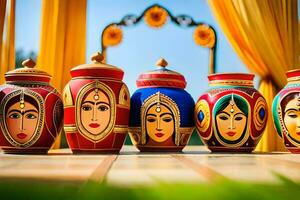 a row of colorful vases with painted faces. AI-Generated photo