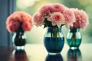 pink flowers in blue vases on a table. AI-Generated photo