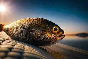 a fish laying on the beach with the sun in the background. AI-Generated photo