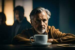 un más viejo hombre sentado a un mesa con un taza de café. generado por ai foto