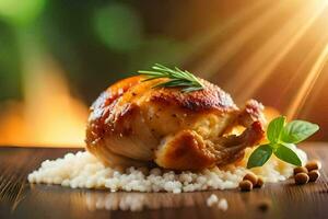 chicken with rice and herbs on a wooden table. AI-Generated photo