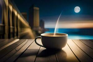 café taza en de madera mesa con Luna en antecedentes. generado por ai foto