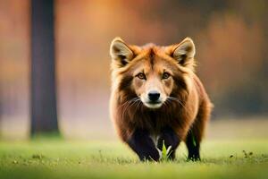 un rojo zorro caminando mediante un campo. generado por ai foto