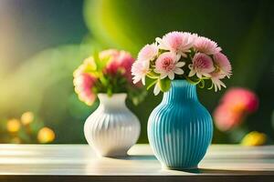 two vases with pink flowers sitting on a table. AI-Generated photo