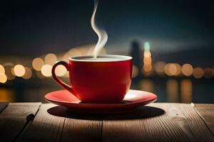 a red cup of coffee on a wooden table with a cityscape in the background. AI-Generated photo