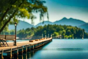 wooden bench on the pier overlooking the lake. AI-Generated photo