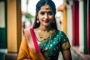 a beautiful indian woman wearing a traditional sari. AI-Generated photo