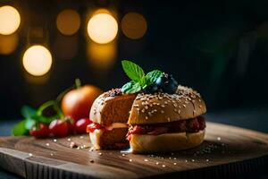 a hamburger with berries and mint on a wooden board. AI-Generated photo