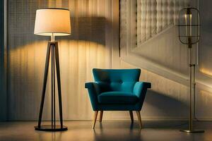 a blue chair and lamp in a room. AI-Generated photo