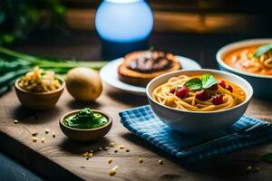spaghetti with tomato sauce and basil leaves in a bowl. AI-Generated photo