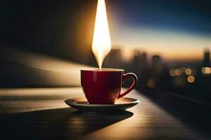 a cup of coffee with a flame on the table. AI-Generated photo