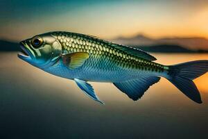 un pescado es volador terminado el agua a puesta de sol. generado por ai foto