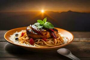 grilled salmon with spaghetti and berries on a wooden table. AI-Generated photo