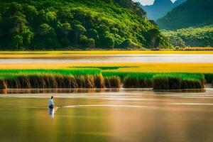 a man is fishing in the water near a mountain. AI-Generated photo