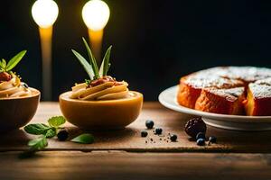 two desserts on a wooden table with candles. AI-Generated photo