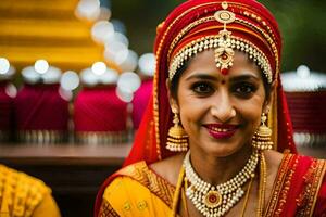 un mujer en tradicional indio atuendo. generado por ai foto