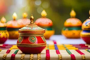 many colorful pots sitting on a table with candles. AI-Generated photo