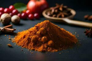 a pile of spices and spices on a black background. AI-Generated photo