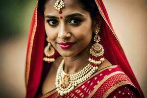 a beautiful indian bride in red sari. AI-Generated photo