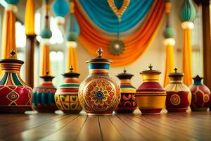 colorful vases lined up on a wooden floor. AI-Generated photo