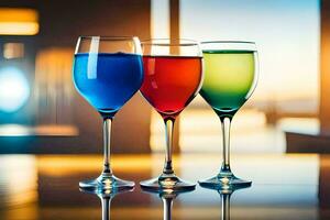 three glasses of colored liquid on a table. AI-Generated photo