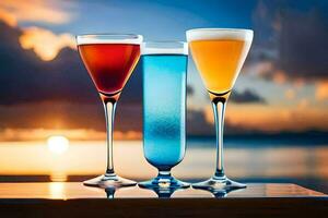 three glasses of different colored drinks on a table. AI-Generated photo