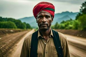 a man wearing a red turban stands in the middle of a dirt road. AI-Generated photo