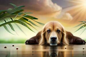 a dog laying in the water with leaves and palm trees. AI-Generated photo