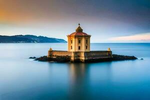 a lighthouse sits on an island in the ocean. AI-Generated photo