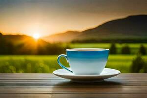 a cup of coffee on a wooden table in the mountains. AI-Generated photo