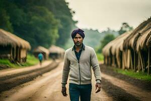 a man in a turban walks down a dirt road. AI-Generated photo