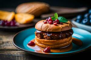 a hamburger with berries and syrup on a plate. AI-Generated photo