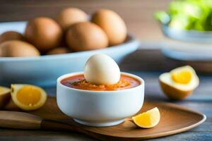 eggs in a bowl with a spoon. AI-Generated photo