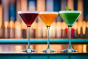 three different colored cocktails on a bar. AI-Generated photo