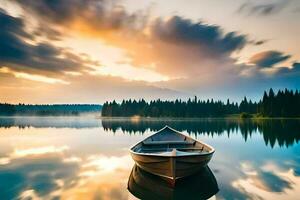 un barco en un lago a puesta de sol. generado por ai foto