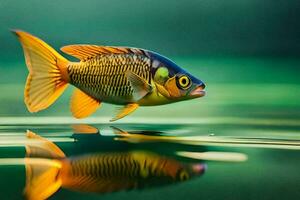 a fish with yellow eyes and black fins is swimming in the water. AI-Generated photo