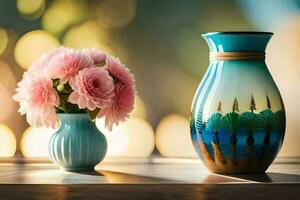 a vase with pink flowers sitting on a table. AI-Generated photo