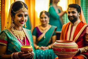 a bride and groom in traditional indian attire. AI-Generated photo