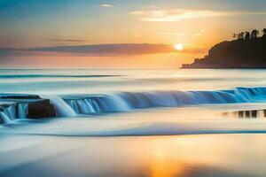 a beautiful sunset over the ocean with waves crashing into the shore. AI-Generated photo