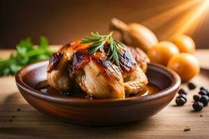 chicken in a bowl with herbs and vegetables. AI-Generated photo