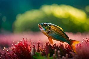 a fish is standing on top of some plants. AI-Generated photo