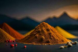 a collection of spices and spices on a table. AI-Generated photo