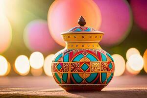 a colorful vase sitting on the ground with lights in the background. AI-Generated photo