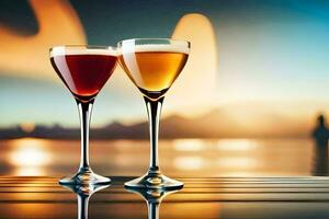 two glasses of wine on a table with a sunset in the background. AI-Generated photo